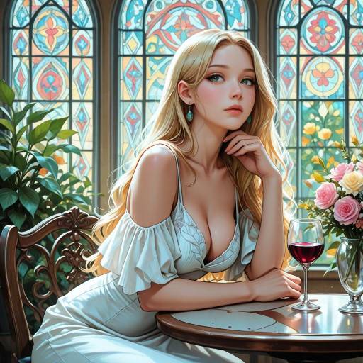 Blonde Woman in Garden with Wine
