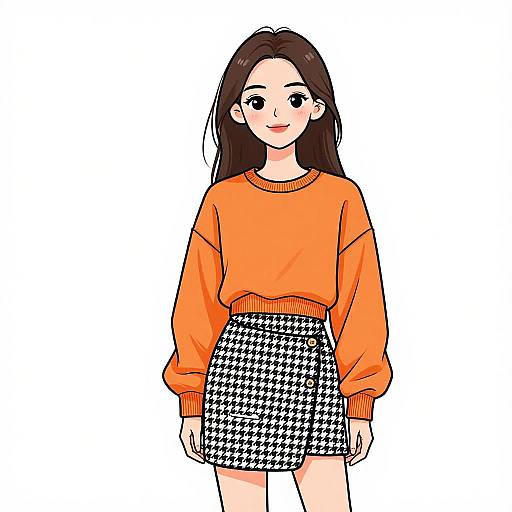 Digital illustration of a smiling young woman with long brown hair, wearing an orange sweater and black-and-white houndstooth skirt, standing against a white