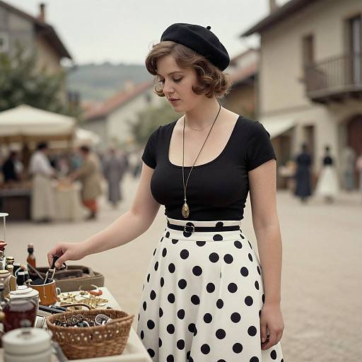 Photograph of a fair-skinned, brunette woman in vintage black blouse, white polka dot skirt, black beret, and necklace, selling goods