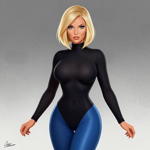 Digital artwork of a blonde woman with blue eyes, wearing a black long-sleeve bodysuit and blue leggings, standing against a gradient gray background