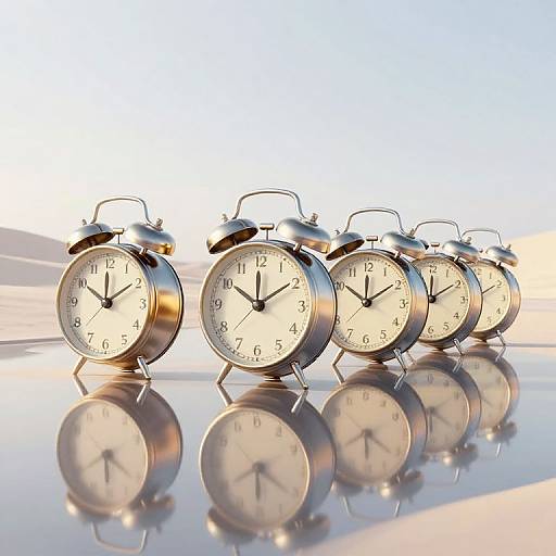 Photograph of six classic silver alarm clocks in a row, each with a white face and black numbers, reflecting on a glossy surface, against a gradient