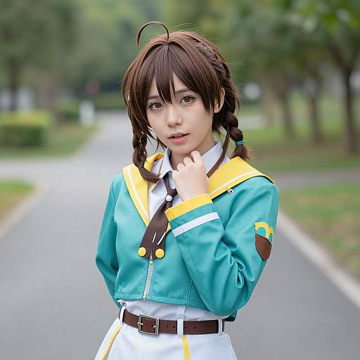 Photograph of an Asian woman cosplaying, wearing a teal and yellow anime-style uniform with white pants and brown belt, standing on a suburban street with