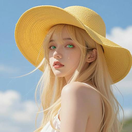 Young Woman Wearing Yellow Sunhat Outdoors