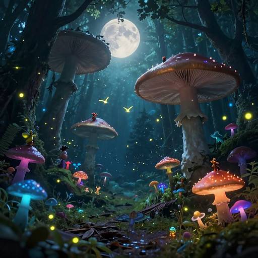Dreamy, enchanted forest moonlit scene with glowing mushrooms, bioluminescent fireflies, and butterflies, illuminated by a full moon. Digital artwork
