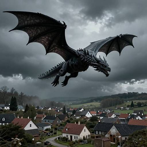 Photorealistic digital artwork of a black, spiked dragon with large wings soaring over a cloudy sky and quaint suburban village with red-roofed houses.