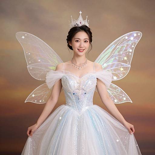 Photograph of an Asian woman with fair skin, wearing a sparkling white fairy dress, translucent star-decorated wings, and a silver crown, smiling