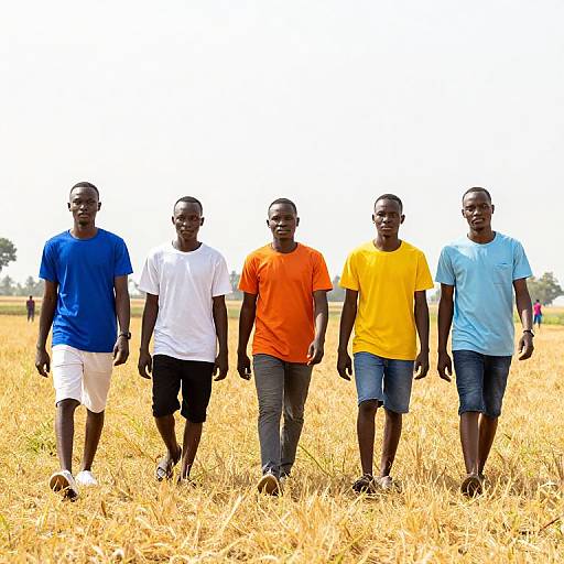 Photograph of five Black men walking in a golden wheat field, wearing colorful t-shirts (blue, white, orange, yellow, light blue) and