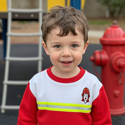 Photograph of a smiling young boy with brown hair, wearing a red and white striped sweater with a cartoon logo, standing in front of a red fire