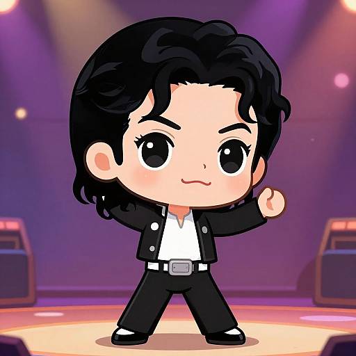 Chibi-style digital drawing of a black-haired, wide-eyed, chibi character in a black suit, white shirt, and black pants, standing confidently