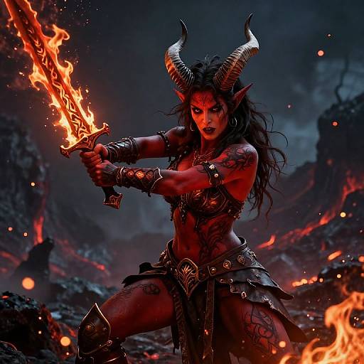 Digital artwork of a fierce, red-skinned demon woman with black hair, horns, and tattoos, wielding a flaming sword in a volcanic landscape.