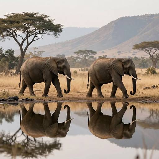 Photograph of two African elephants walking side by side across a reflective waterhole in a savanna, with acacia trees and distant hills in the background