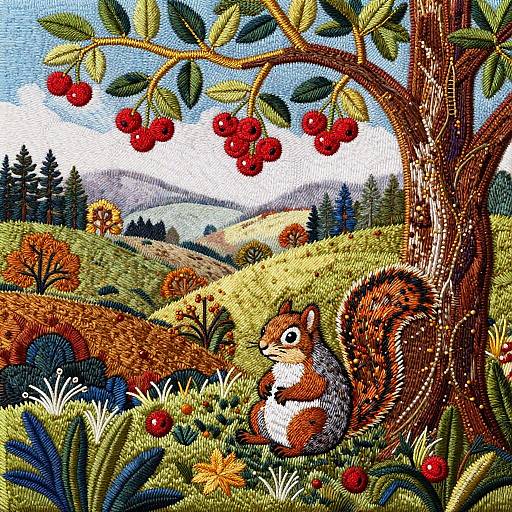 Embroidered Squirrel Under Tree of Life