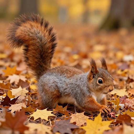 Photograph of a fluffy, brown and gray squirrel with a bushy tail, standing on an autumn forest floor covered in colorful fallen leaves.