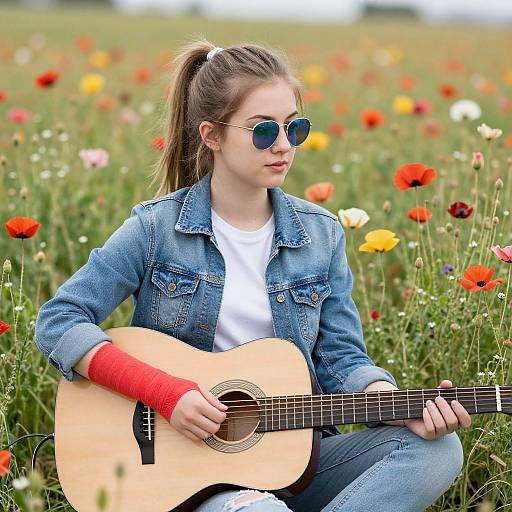 Young Woman with Guitar in Poppies