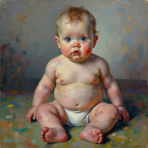 Photorealistic oil painting of a chubby, fair-skinned baby with blue eyes, sitting on a colorful, textured floor, wearing only a white diaper