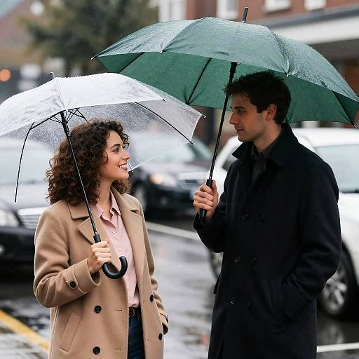 Couple Talking Under Umbrellas on Rainy Street