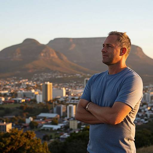 Photograph of a muscular, middle-aged man with short gray hair, wearing a blue t-shirt, standing with arms crossed, overlooking a city with mountains
