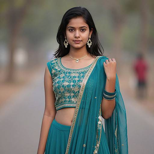 Photograph of an Indian woman with medium skin tone, black hair, wearing a teal embroidered saree and crop top, with gold jewelry, standing on