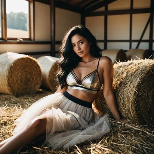 Woman in Metallic Bralette on Hay Bales