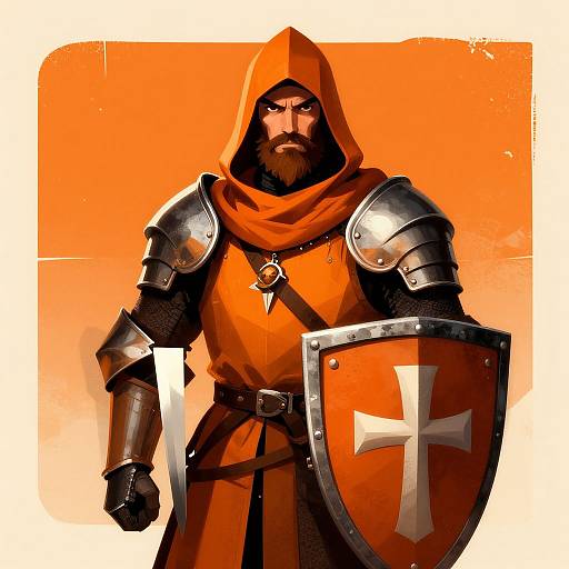 Digital illustration of a bearded medieval knight in red hood and armor, holding a shield with a white cross, against an orange background.