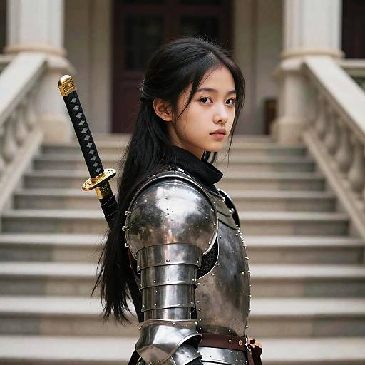 Young Woman in Medieval Armor with Katana