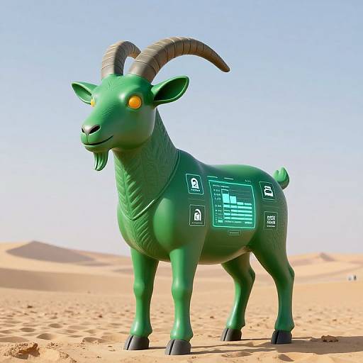 CGI image of a futuristic, green, glowing-eyed goat with curved horns, digital panels on its side, standing in a desert.