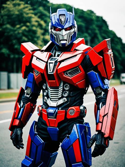 Man in Red and Blue Transformers Cosplay Costume