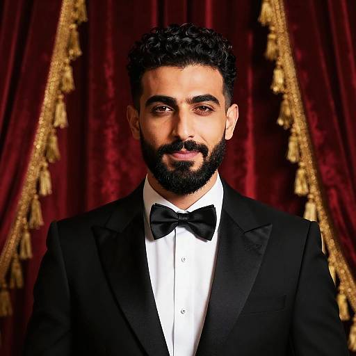 Photograph of a bearded man with dark curly hair, wearing a black tuxedo and bow tie, set against a rich red velvet curtain with