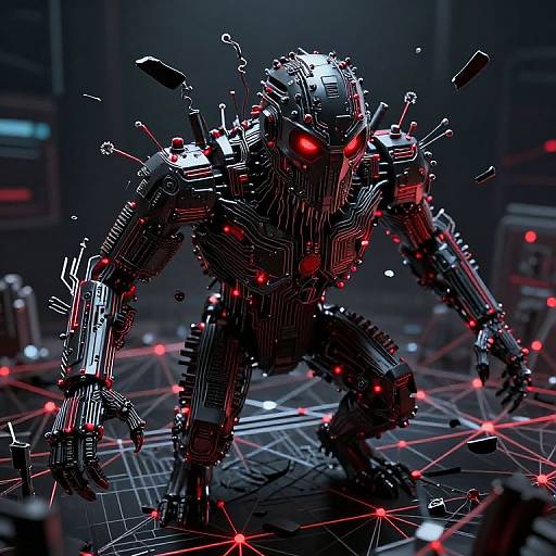 Digital artwork of a robotic, cybernetic creature with glowing red eyes, black metallic armor, and red circuit lights, crouched on a dark