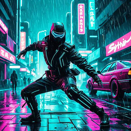 Cyber Ninja in Neon Rainy Street