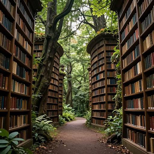 Photograph of a serene library aisle, flanked by tall, wooden bookshelves filled with books, surrounded by lush green trees and foliage, with