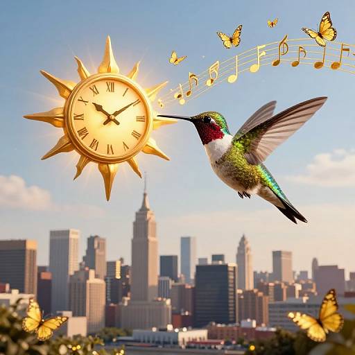 Photograph of a vibrant green, white, and black hummingbird with a long beak sipping from a glowing golden sun clock, with musical notes