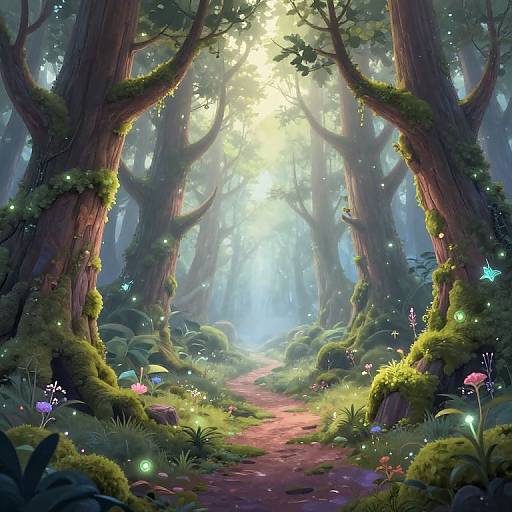 Enchanted forest scene: Sunlight filters through towering, moss-covered trees, illuminating a glowing path lined with vibrant mushrooms and fireflies, creating