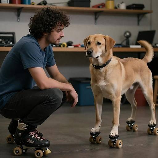 Man and Skateboarding Dog in Workspace