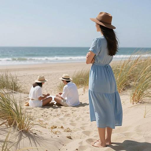 Woman in Blue Dress on Beach Dunes