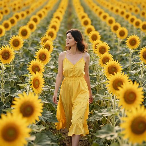 Photograph of a smiling woman in a yellow sundress walking through a vibrant sunflower field with rows of bright yellow flowers.