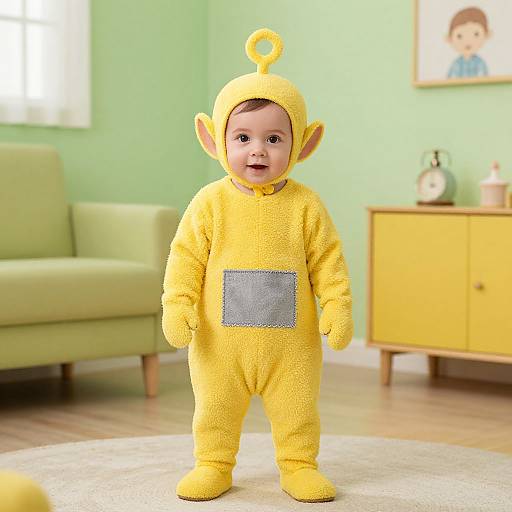 Photograph of a smiling baby in a yellow fuzzy onesie with elf ears and a gray pocket, standing in a bright green nursery.