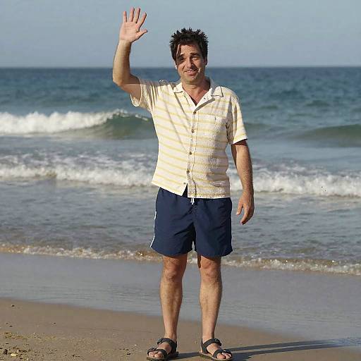 Happy Middle-Aged Man Waving on Beach