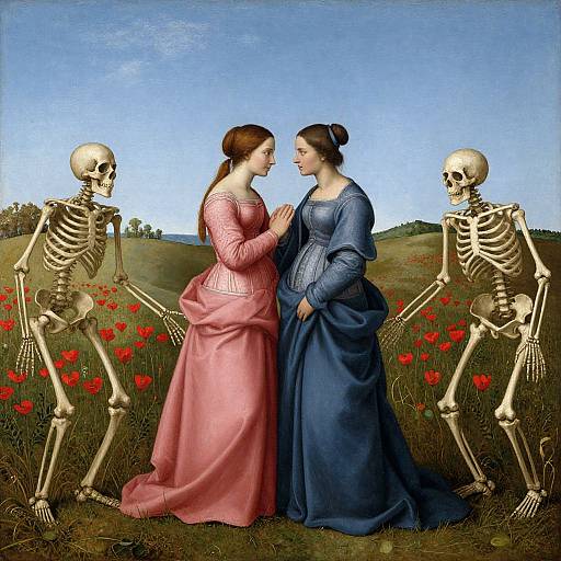 Digital art of two women in Victorian dresses, facing each other, with two skeletons standing on either side in a field of red poppies. Blue sky