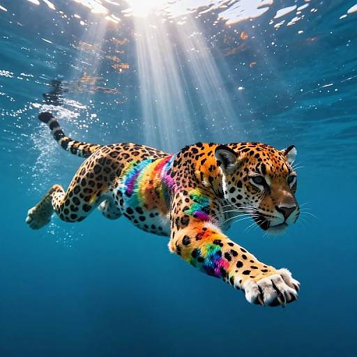 Photograph of a leopard swimming underwater, vibrant rainbow stripes on its body, sunlight rays filtering through the blue water.