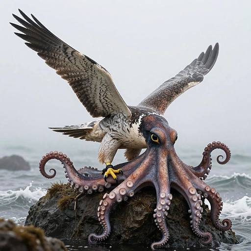 Photograph of a hawk with spread wings perched on a rock over a large octopus with curled tentacles, ocean waves in background.