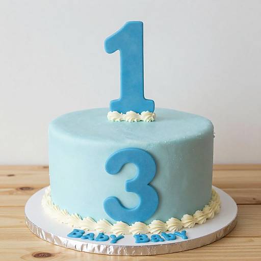Photograph of a light blue birthday cake with number 