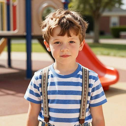 Photograph of a young boy with brown hair, blue and white striped shirt, and suspenders, standing in a sunlit playground.