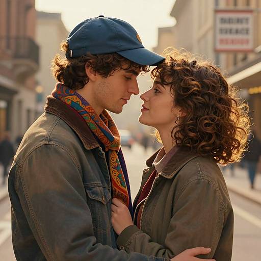 Photograph of a curly-haired couple in denim jackets and colorful scarves, gazing into each other's eyes on a sunlit, urban street.