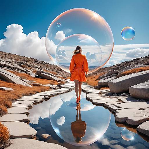 Surreal Woman in Orange on Rocky Path