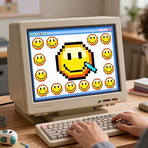 Photograph of a person typing on a white CRT monitor displaying a pixelated, yellow smiling face with blue tongue surrounded by eight yellow smiley faces on