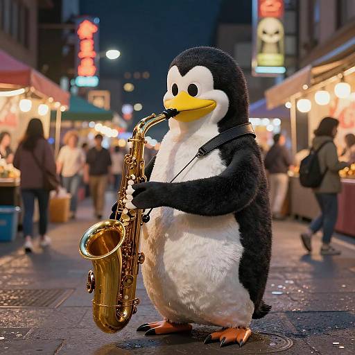 Lowbrow Penguin Street Musician Art