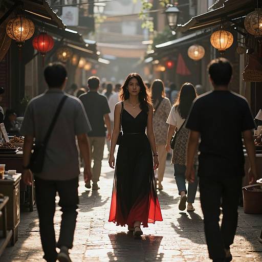 Photograph of a confident Asian woman in a black and red flowing dress walking down a sunlit, dimly lit, bustling street market with hanging lantern