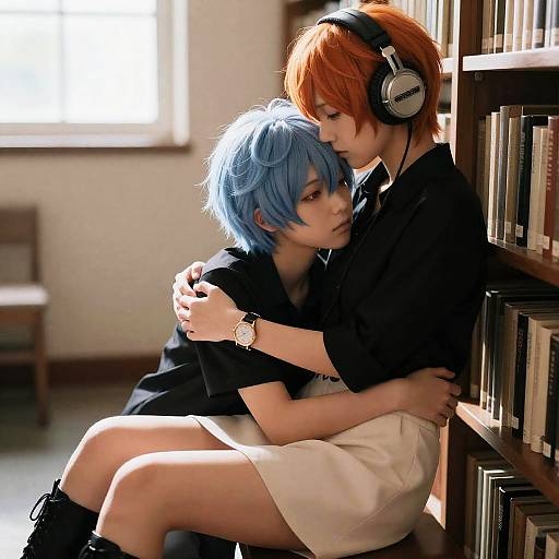 Yuri Embrace in Sunlit Library