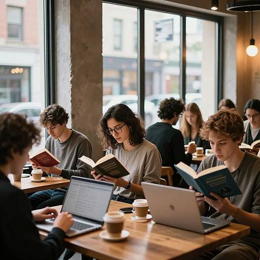 Photograph of diverse young adults in a modern café, reading books and laptops, with large windows and natural light. Casual attire, coffee cups, and